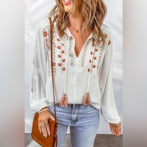 NEW White Floral Embroidered V Neck Boho Blouse with Tassels